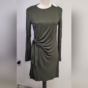 Striped Olive Green Long Sleeve Dress knot detail on the waist